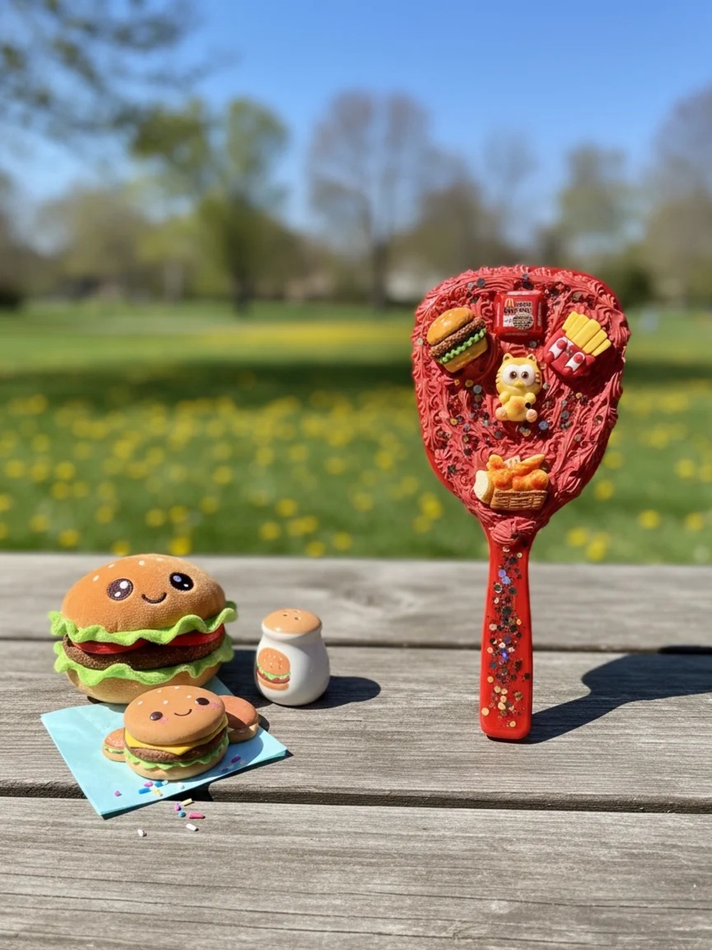 Hand Crafted Red Play handheld mirror  with Cute Food Charms